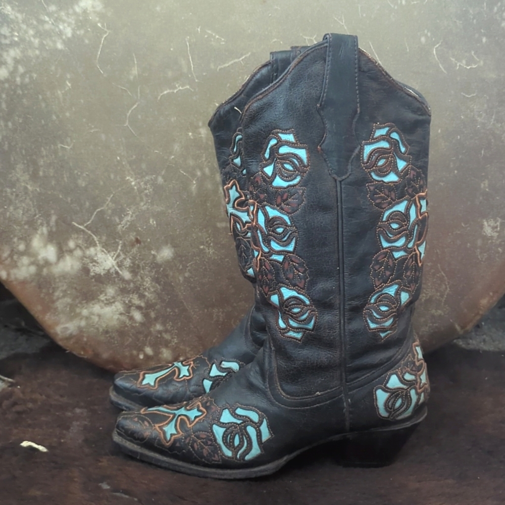 CORRAL R2482 Espresso brown & turquoise inlay crosses & roses cowgirl boots sz 7 - Picture 2 of 16